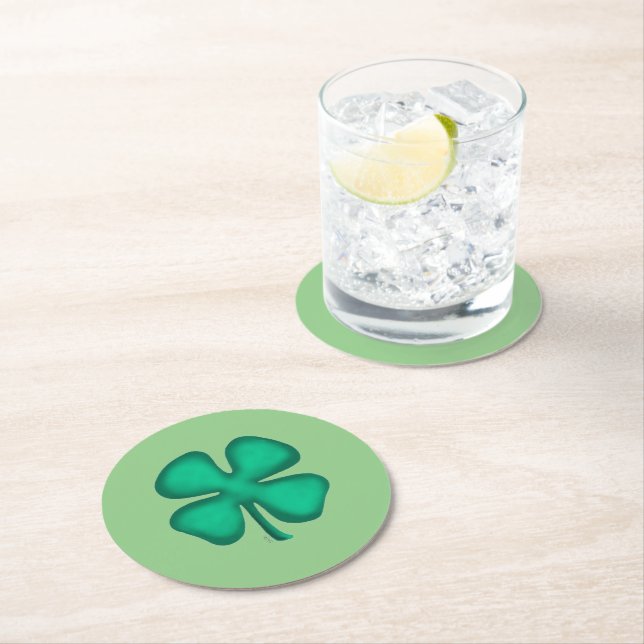 Lucky 4 Leaf Irish Clover green round coasters (Insitu)