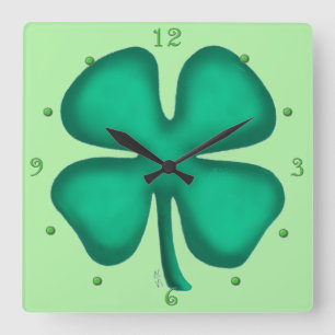 Lucky 4 Leaf Irish Clover green square wall clock