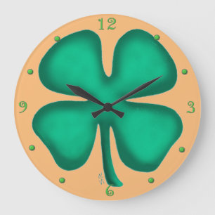 Lucky 4 Leaf Irish Clover tan wall clock w numbers