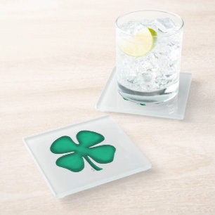 Lucky 4 Leaf Irish Clover white glass coaster