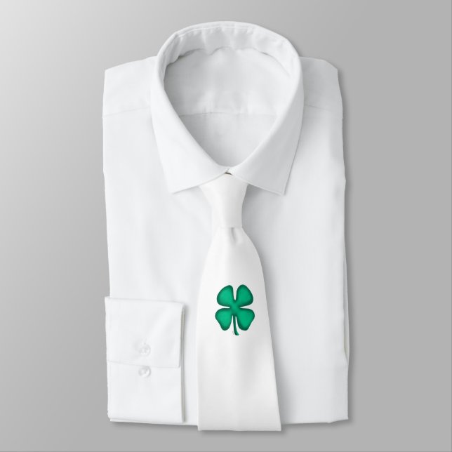 Lucky 4 Leaf Irish Clover white neck tie (Tied)