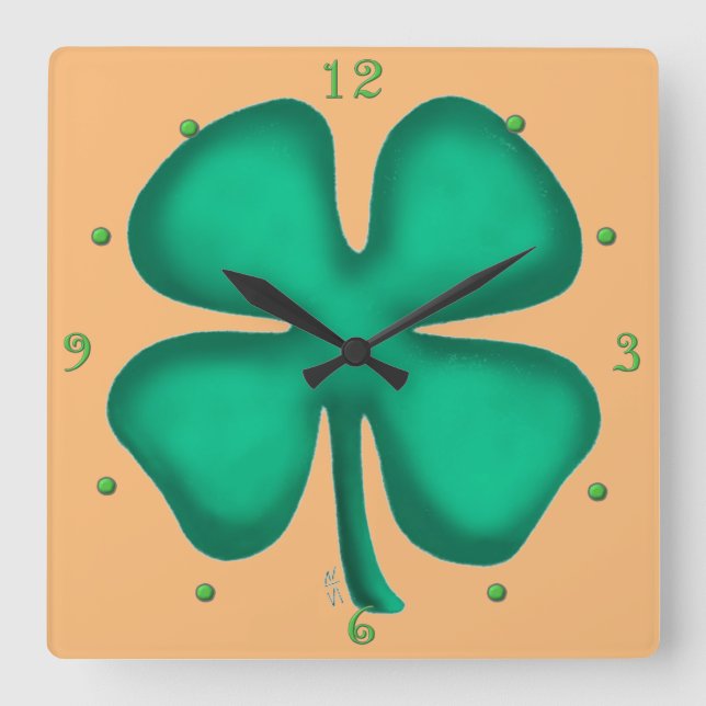 Lucky 4 Leaf Irlandais Clover tan carré horloge mu (Recto)
