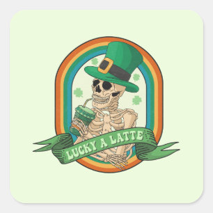 Lucky A Latte - Skeleton, Coffee and Clovers Square Sticker