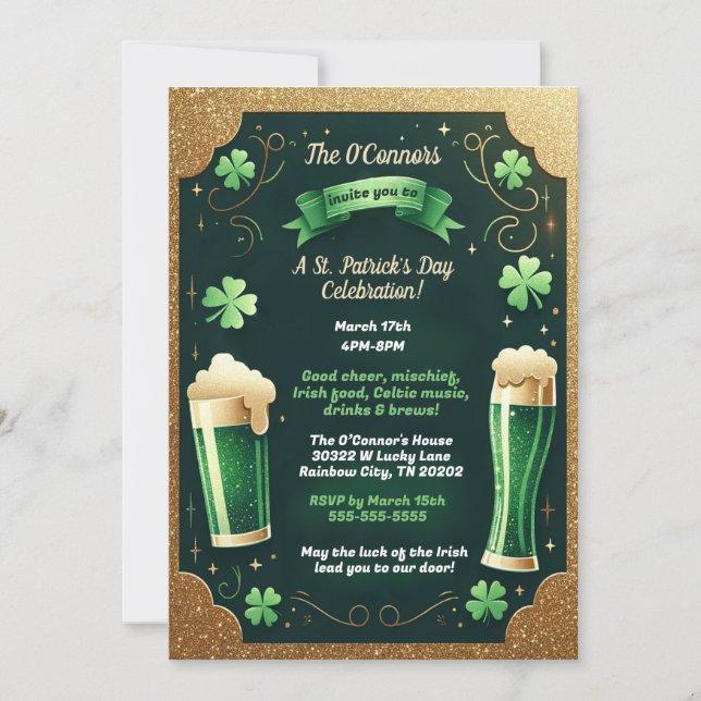 Lucky Beers Glitter St. Patrick's Day Party Invitation (Front)
