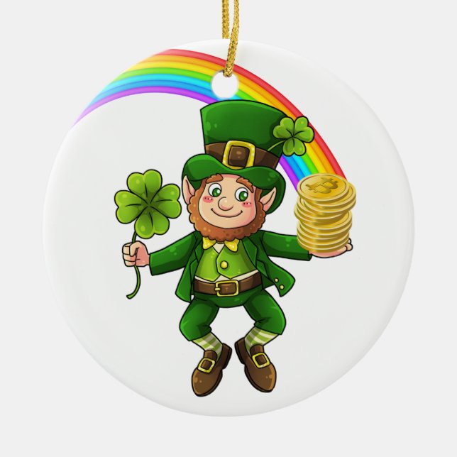 Lucky Bitcoin Rainbow Leprechaun Ceramic Ornament (Front)