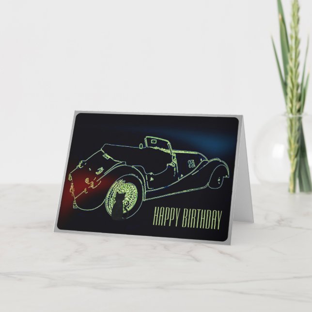 Lucky Black Cat and Sports Car Birthday Card (Front)
