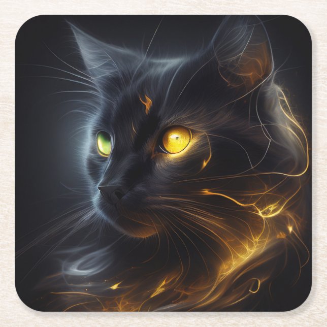 Lucky Black Cat Square Paper Coaster (Front)