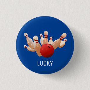 Lucky bowling on blue 1 inch round button