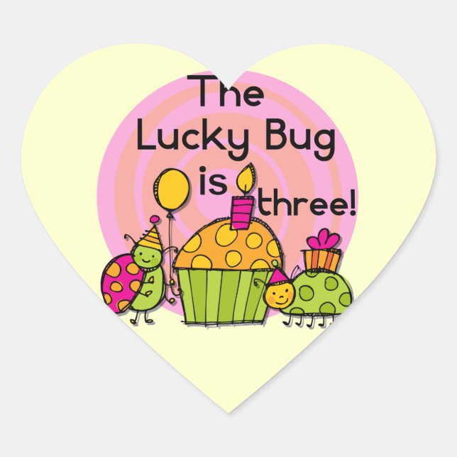 Lucky Bug Cupcake 3rd Birthday Tshirts and Gifts Heart Sticker (Front)