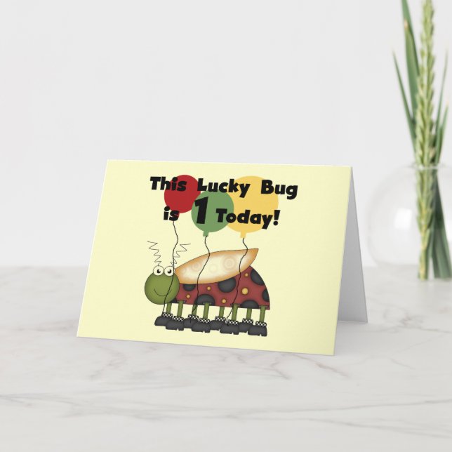 Lucky Bug is One Birthday Tshirts and Gifts Card (Front)