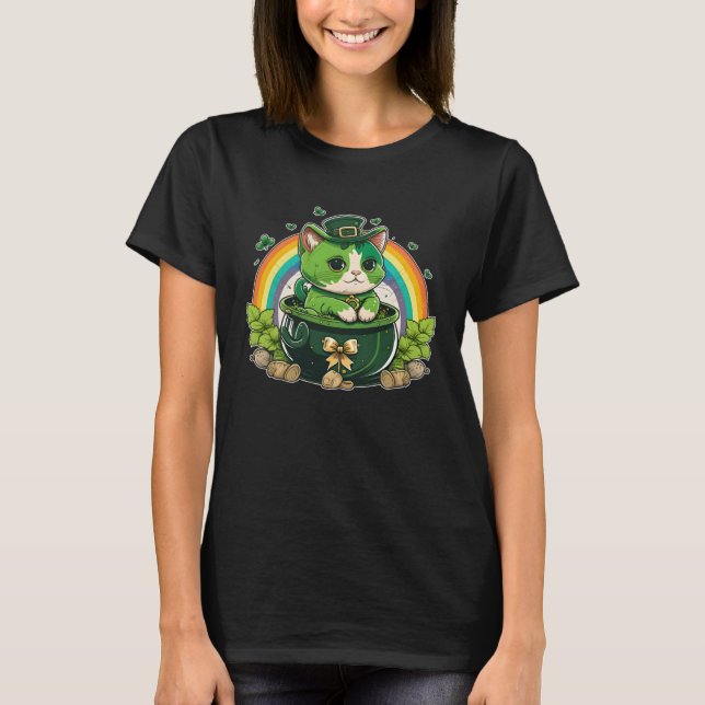 Lucky Cat and Pot Rainbow Shamrock St Patrick s Da T-Shirt (Front)