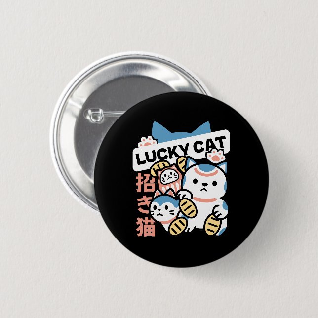 Lucky Cat Art – Maneki Neko with Gold Coin 2 Inch Round Button (Front & Back)