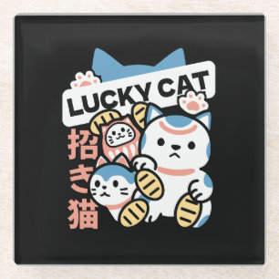 Lucky Cat Art – Maneki Neko with Gold Coin Glass Coaster