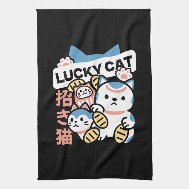 Lucky Cat Art – Maneki Neko with Gold Coin Kitchen Towel (Vertical)