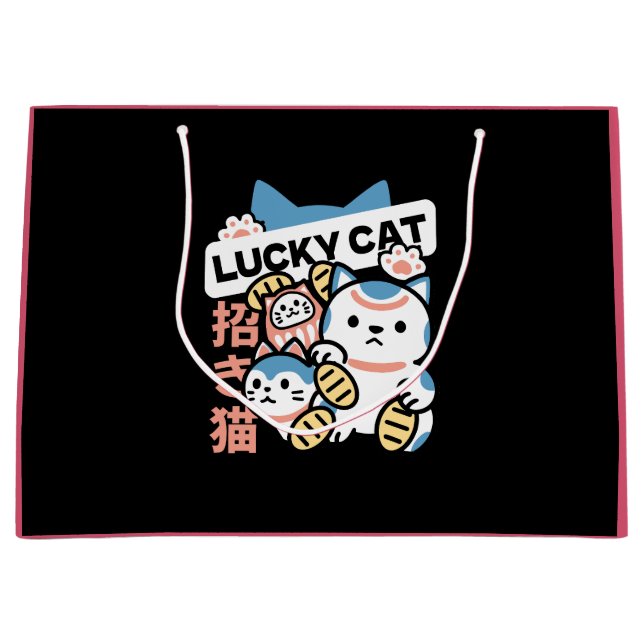 Lucky Cat Art – Maneki Neko with Gold Coin Large Gift Bag (Front)