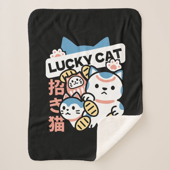 Lucky Cat Art – Maneki Neko with Gold Coin Sherpa Blanket (Front)