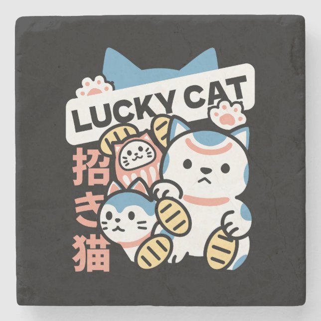 Lucky Cat Art – Maneki Neko with Gold Coin Stone Coaster (Front)