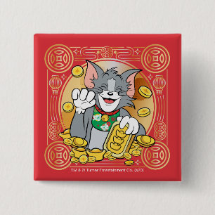 Lucky Cat Jerry With Gold Sycees 2 Inch Square Button
