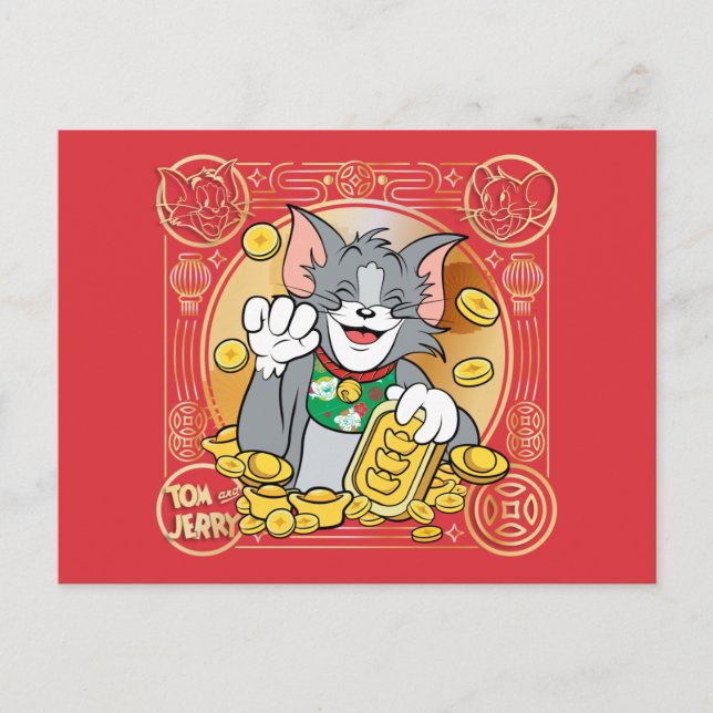 Lucky Cat Jerry With Gold Sycees Holiday Postcard (Front)