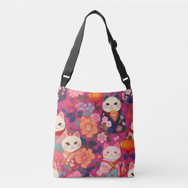 Lucky cat Kimono pattern inspired japanese fabric Crossbody Bag (Front)