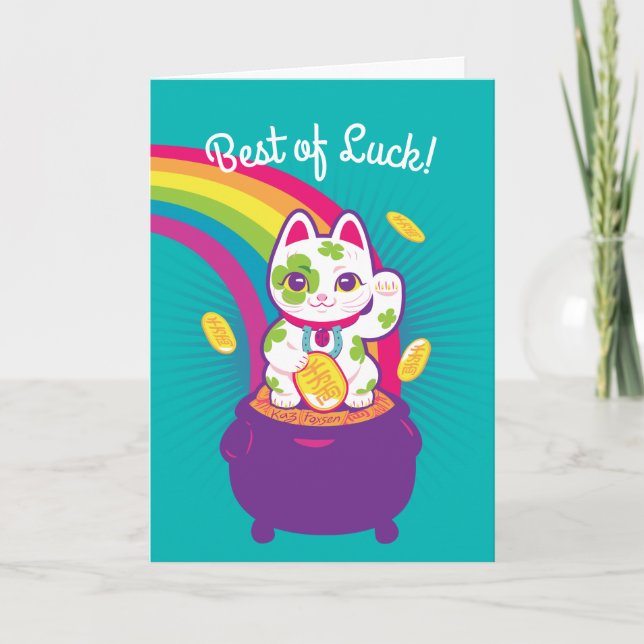 Lucky Cat Maneki Neko Good Luck Pot of Gold Card (Front)