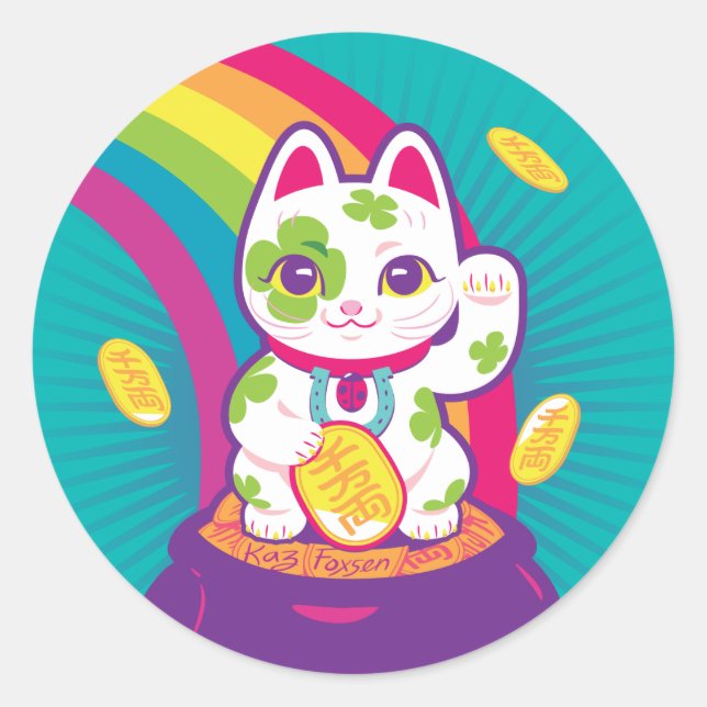 Lucky Cat Maneki Neko Good Luck Pot of Gold Classic Round Sticker (Front)