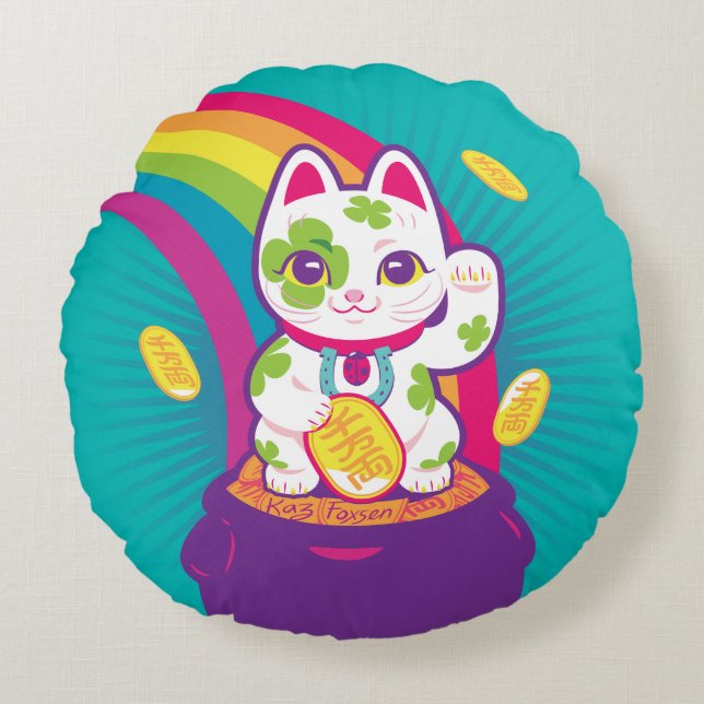 Lucky Cat Maneki Neko Good Luck Pot of Gold Round Pillow (Front)