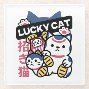Lucky Cat Maneki Neko – Japanese Fortune Cat  Glass Coaster
