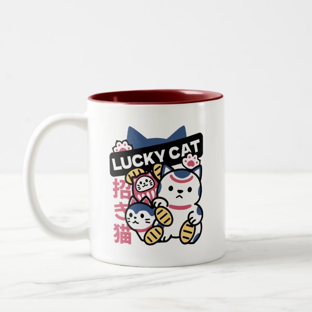 Lucky Cat Maneki Neko – Japanese Fortune Cat  Two-Tone Coffee Mug (Left)