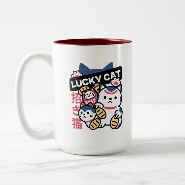 Lucky Cat Maneki Neko – Japanese Fortune Cat  Two-Tone Coffee Mug (Left)