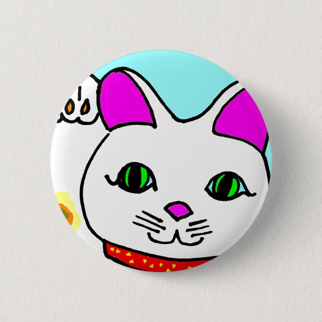 Lucky Cat Maneki Neko Kitty 2 Inch Round Button (Front)