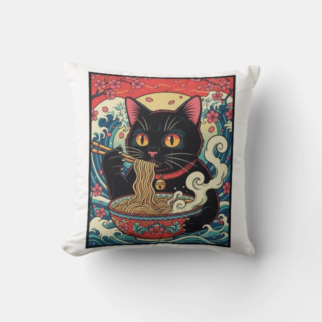 Lucky Cat Ramen Noodle Art Throw Pillow (Front)