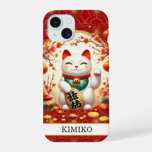 Lucky Cat With Gold Coins On Red Monogrammed iPhone 15 Case