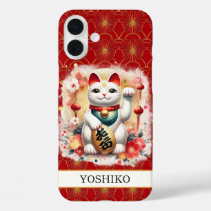 Lucky Cat With Red Flowers Monogrammed iPhone 16 Plus Case