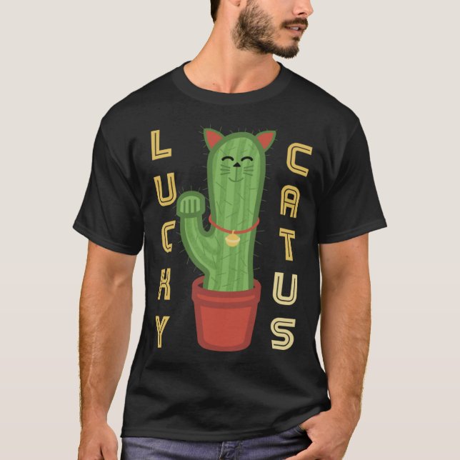 Lucky Catus Japanese Cat Cactus Pun T-Shirt (Front)