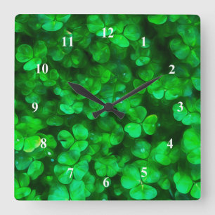 Lucky Celtic Irish Green Shamrocks Square Wall Clock