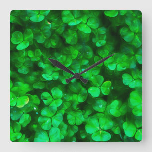 Lucky Celtic Irish Green Shamrocks Square Wall Clock
