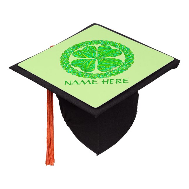 Lucky Celtic Shamrock Four Leaf Clover Green Graduation Cap Topper (Angled)