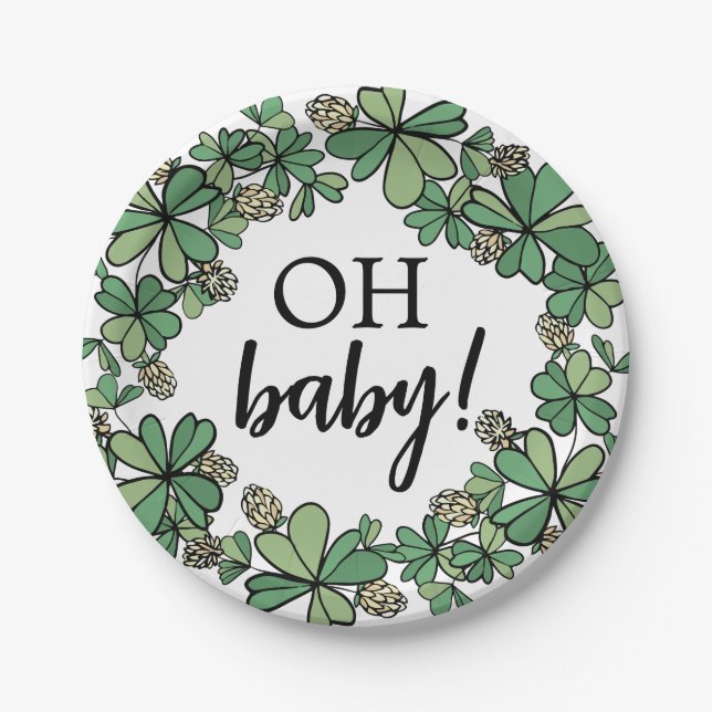 Lucky Charm Clover Oh Baby Neutral Baby Shower Paper Plate (Front)
