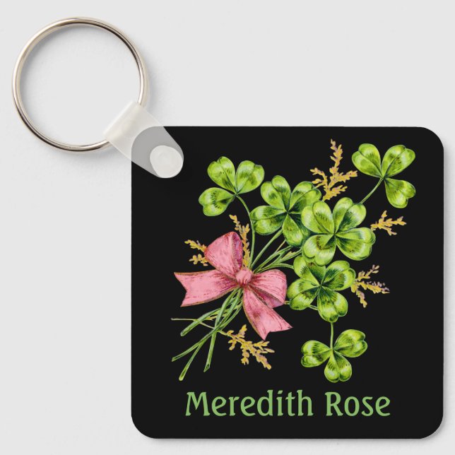 Lucky Charm Clover Vintage Personalized Good Luck  Keychain (Front)