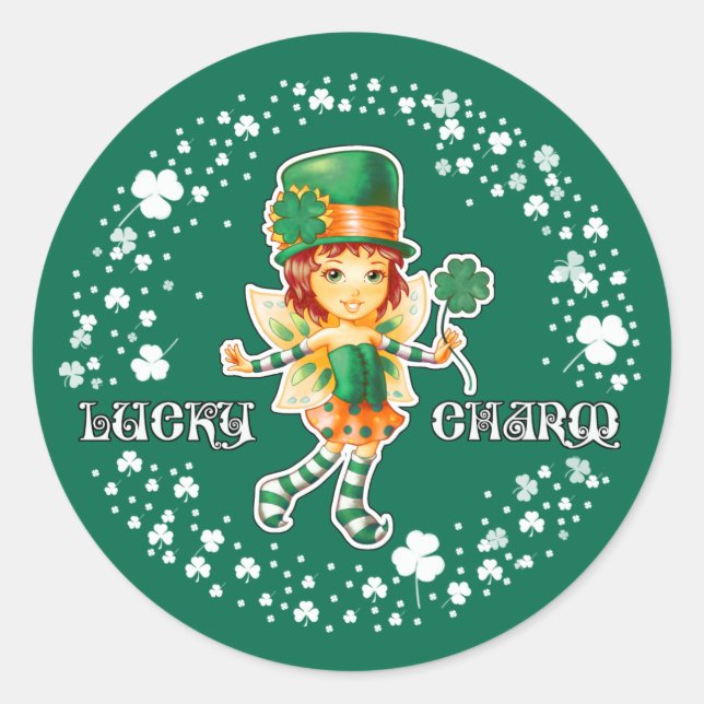 Lucky Charm. Fairy Irish Girl St.Patrick's Day Classic Round Sticker (Front)