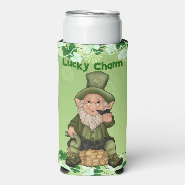 Lucky Charm Fun Leprechaun Pot Of Gold Irish Beer Seltzer Can Cooler (Seltzer Front)