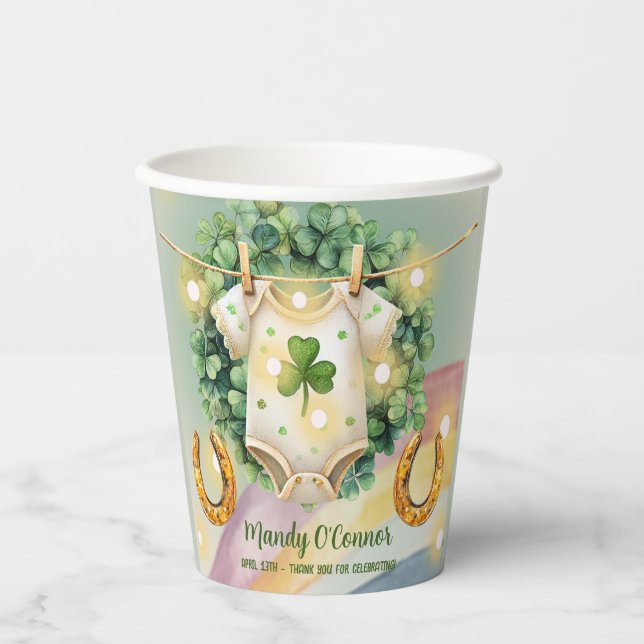 Lucky Charm Shamrock and Rainbow Baby Shower Paper Cups (Front)