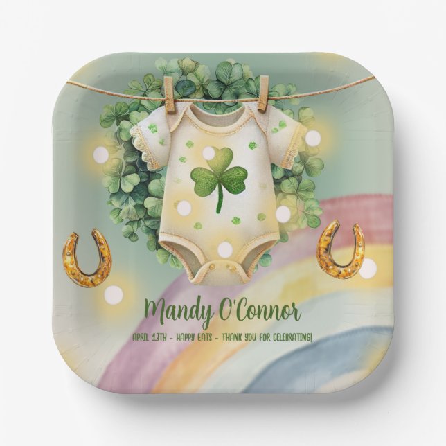 Lucky Charm Shamrock and Rainbow Baby Shower Paper Plate (Front)