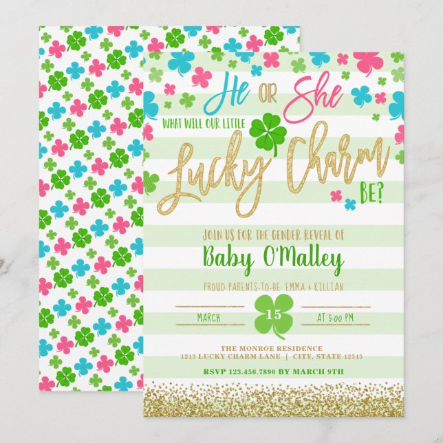 Lucky Charm St Patrick's Day Gender Reveal Invitation (Front/Back)