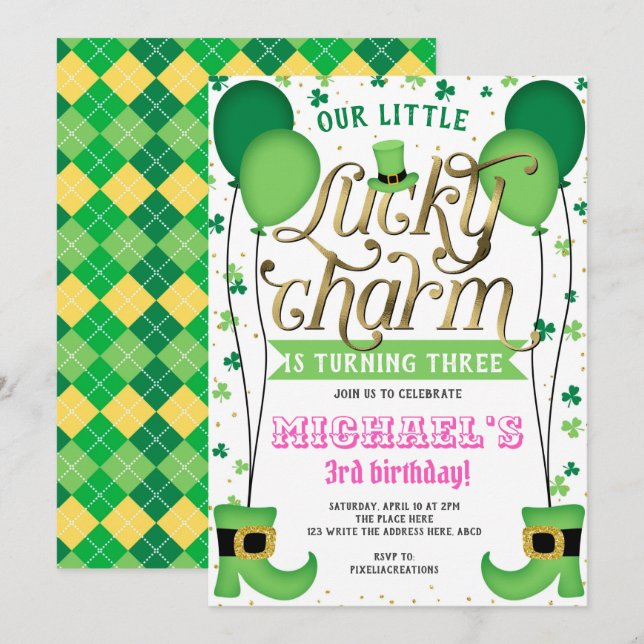 Lucky Charm, St Patrick's Day, Girl Birthday Invitation (Front/Back)