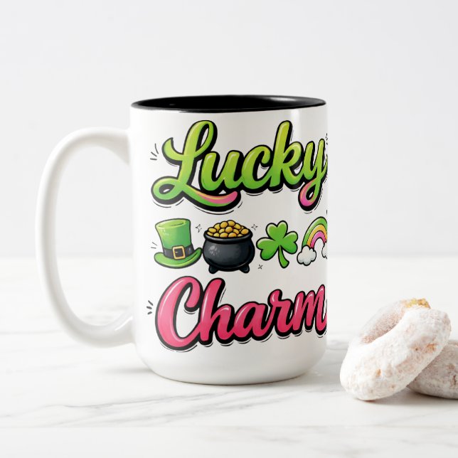 Lucky Charm St Patrick's Day Rainbow Pot of Gold G Two-Tone Coffee Mug (With Donut)