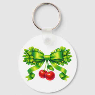 Lucky Clover Bow with Cherries Green Design Keychain
