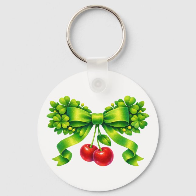 Lucky Clover Bow with Cherries Green Design Keychain (Front)