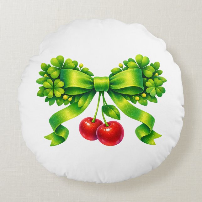 Lucky Clover Bow with Cherries Green Design Round Pillow (Front)